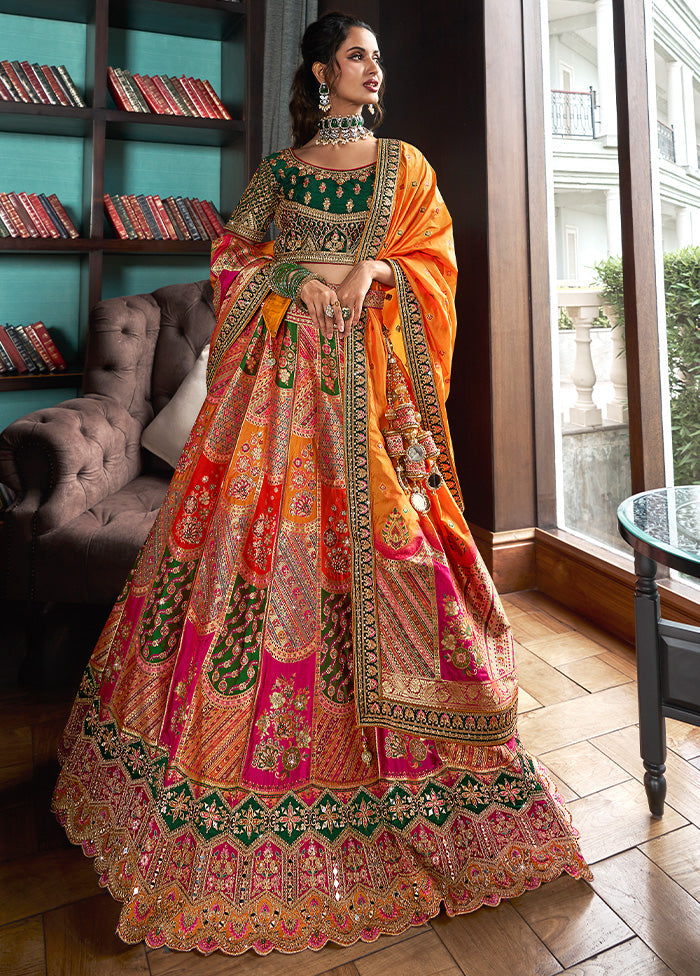 3 Pc Multicolor Silk Semi Stitched Lehenga Set Outlet Top Quality