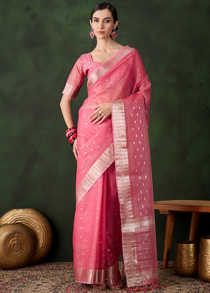 Pink Organza Saree With Blouse Piece Big Discount For Sale