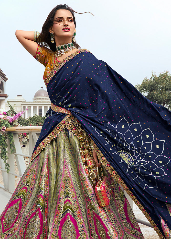 3 Pc Multicolor Silk Semi Stitched Lehenga Set Outlet Order