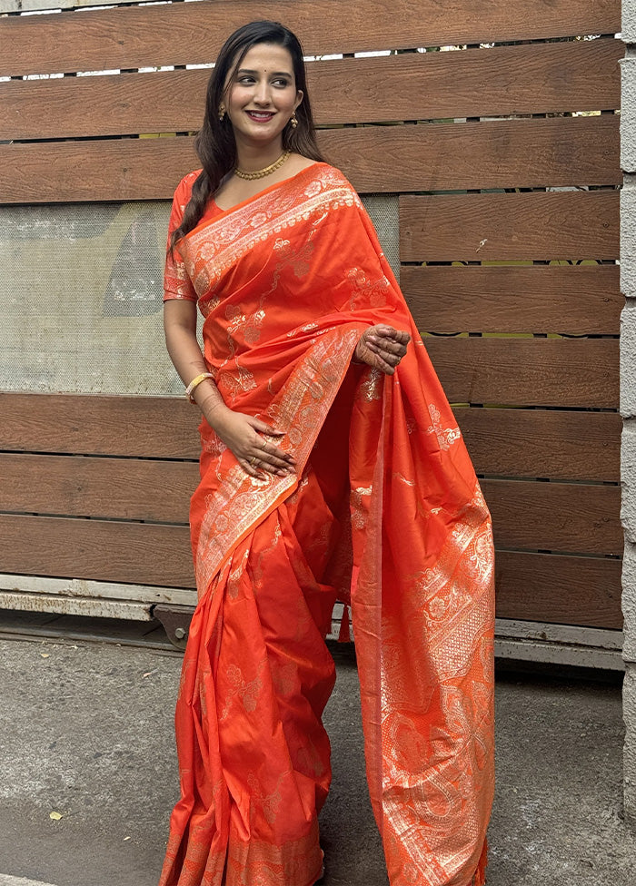 Orange Banarasi Silk Saree With Blouse Piece Clearance Online Fake