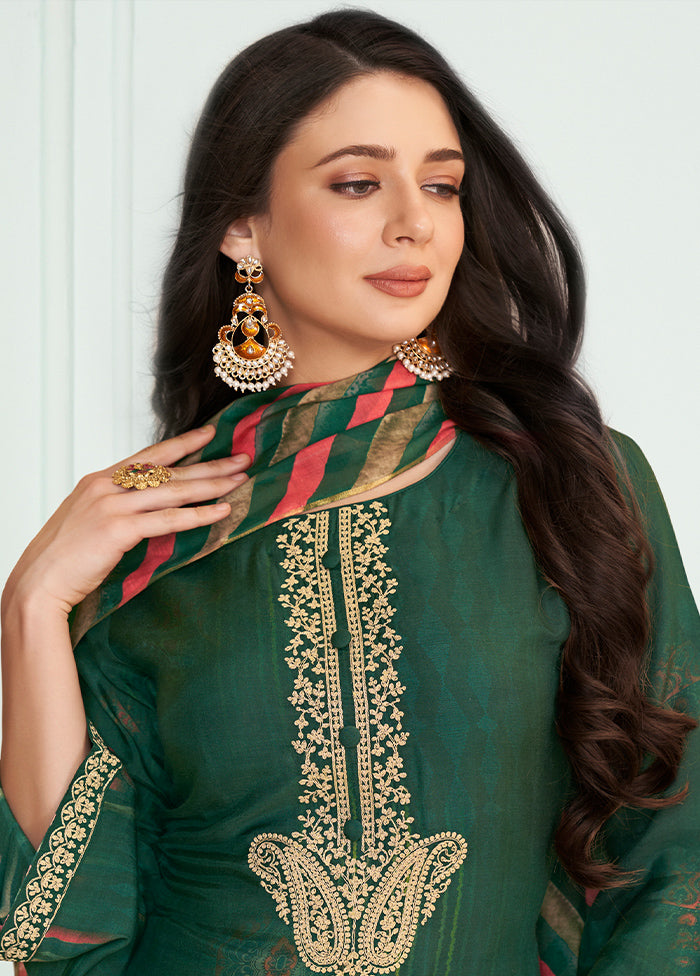 3 Pc Green Unstitched Silk Suit Set Hot Sale