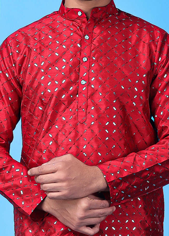 Red Silk Embroidered Knee Length Kurta Cheap Free Shipping