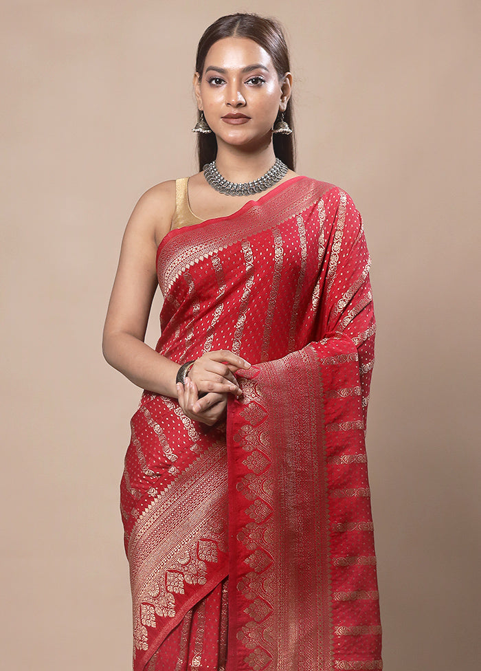 Red Dupion Silk Saree With Blouse Piece Clearance Pick A Best