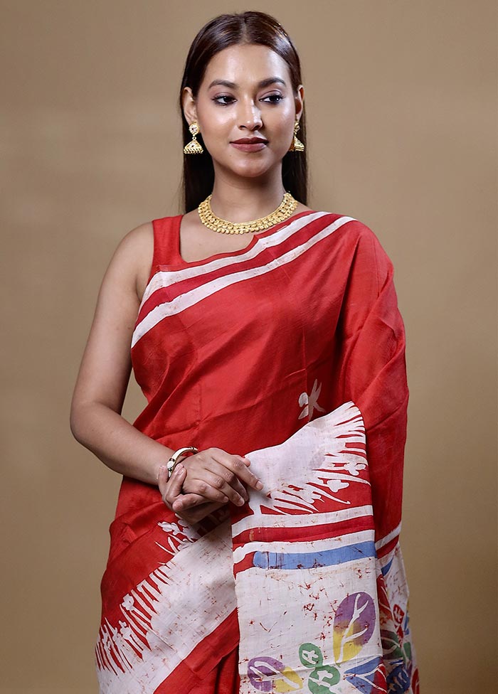 Red  Printed Pure Silk Saree Without Blouse Piece Discount Latest Collections