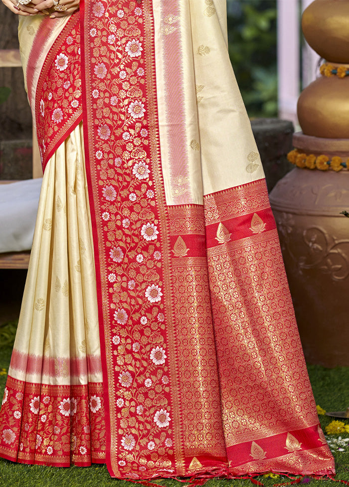 Cream Dupion Silk Saree With Blouse Piece Outlet Cheap Pices