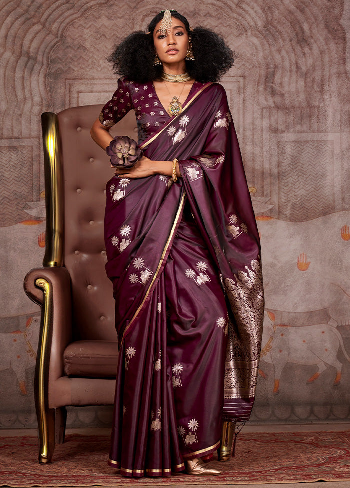 Wine Satin Silk Saree With Blouse Piece Cheap Sale 100% Original