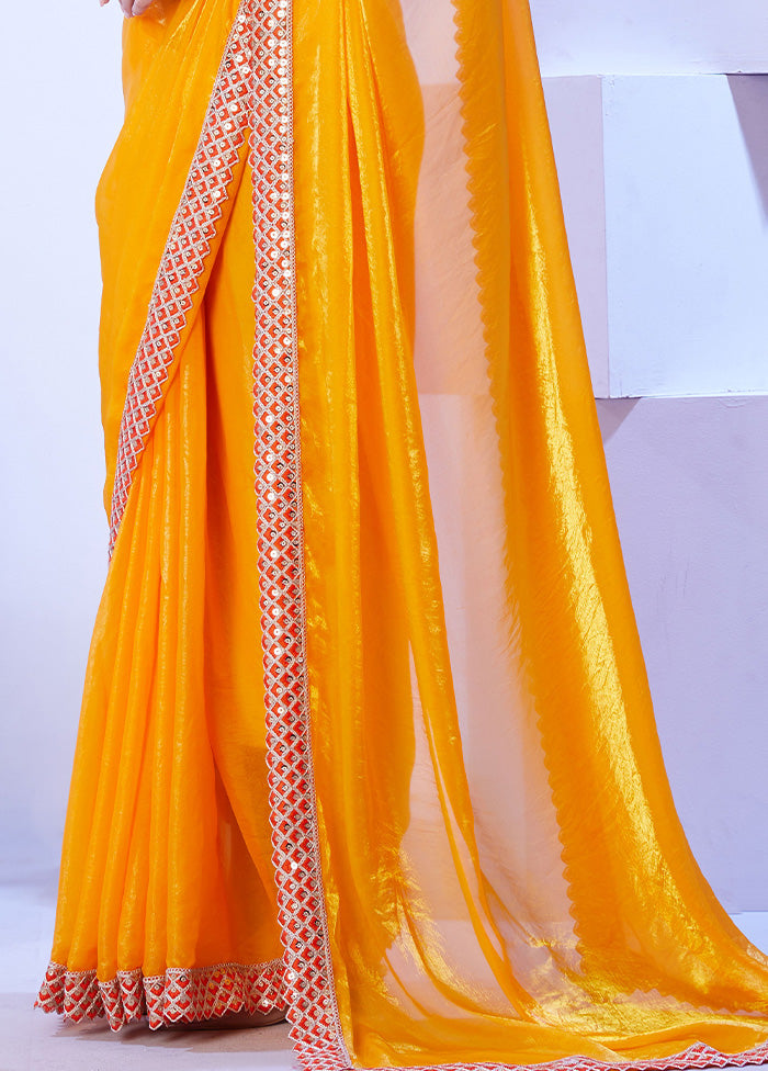 Yellow Satin Silk Saree With Blouse Piece Buy Cheap Best Sale