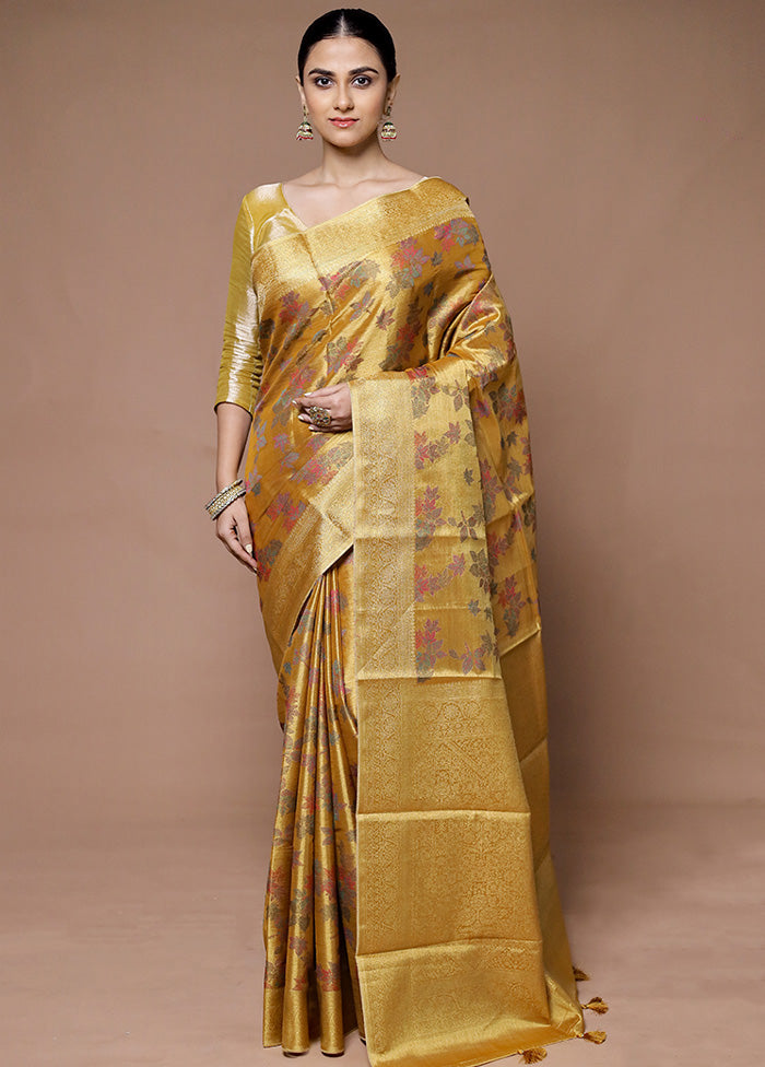 Yellow Tissue Silk Saree With Blouse Piece Outlet Clearance