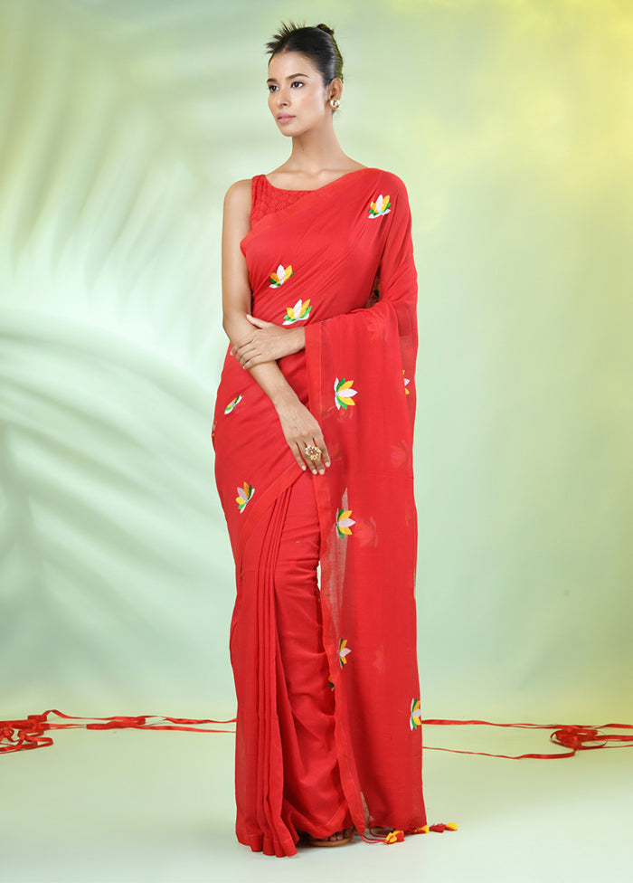 Red Cotton Saree With Blouse Piece Outlet Amazon