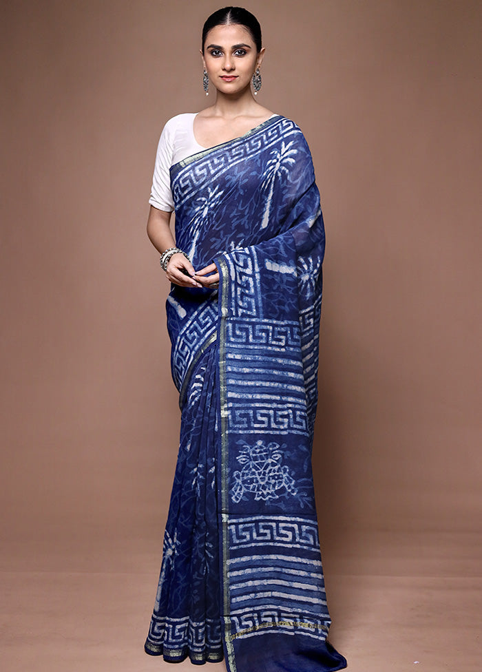 Blue Chanderi Cotton Saree With Blouse Piece Low Cost Cheap Online