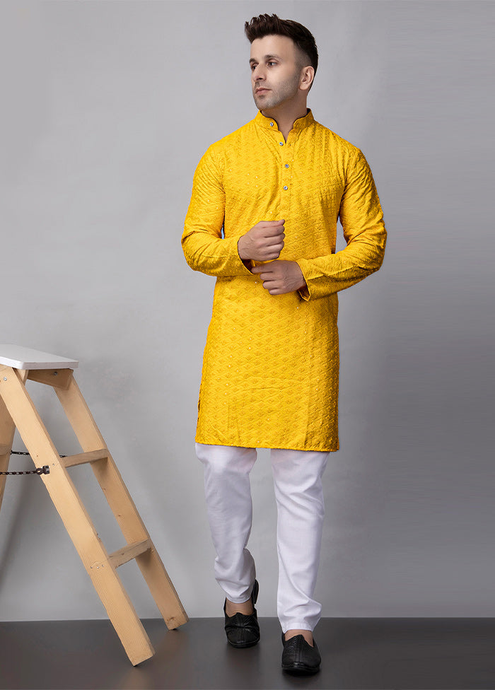 2 Pc Yellow Viscose Kurta Pajama Set Newest