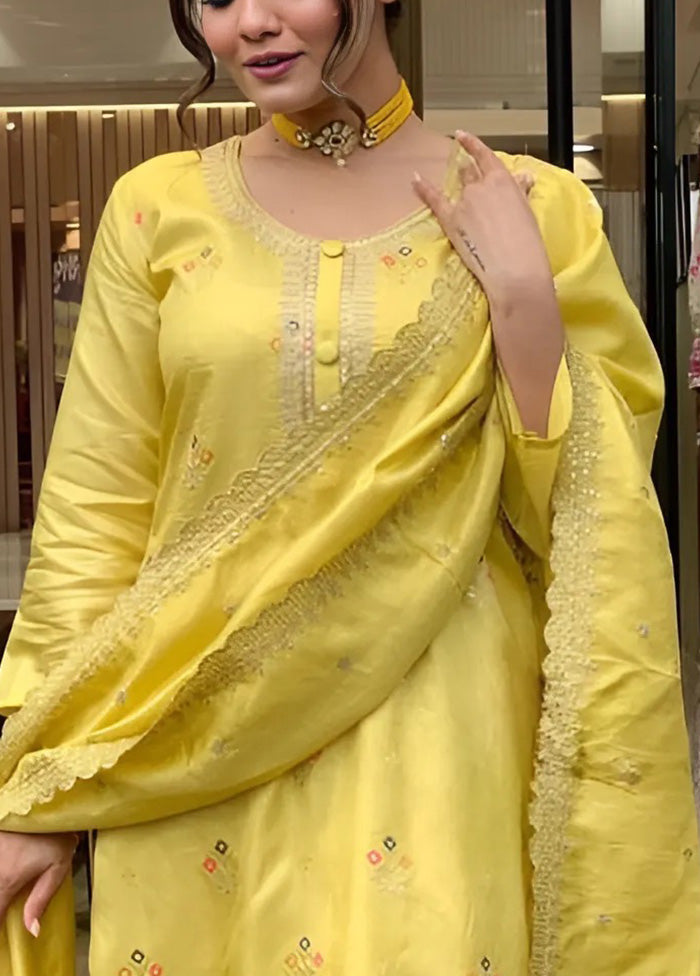 3 Pc Yellow Readymade Viscose Dupatta Suit Set In China Cheap Pice