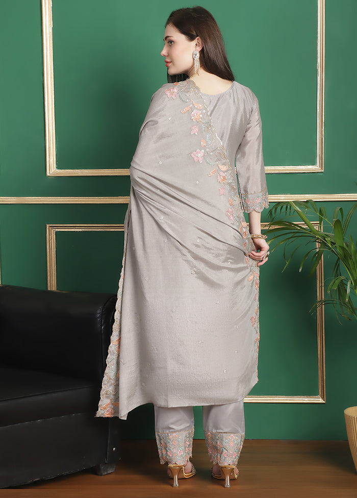 3 Pc Grey Unstitched Silk Suit Set Quality Original