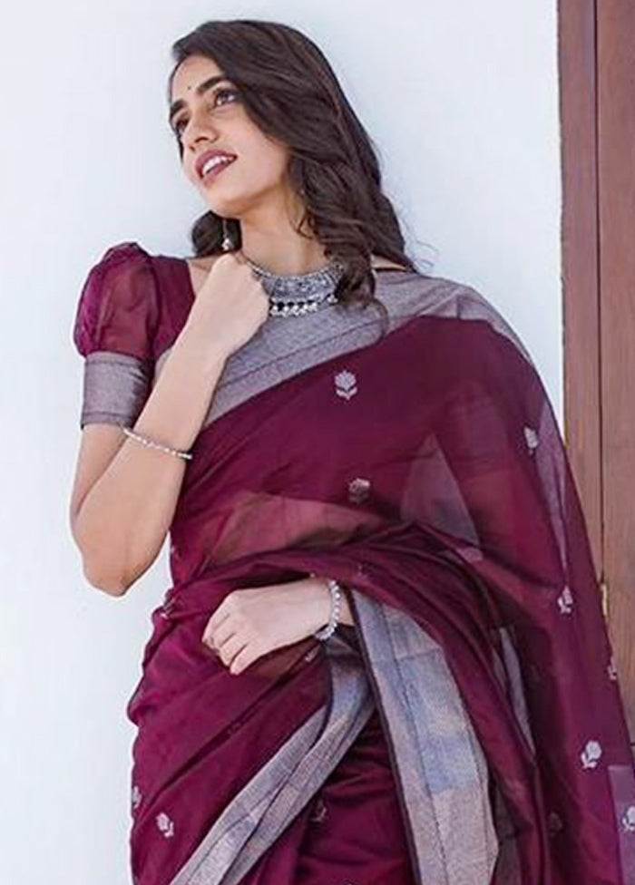 Wine Cotton Saree With Blouse Piece Sale 2025