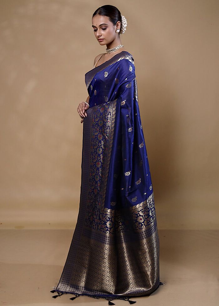 Blue Dupion Silk Saree With Blouse Piece Top Quality For Sale