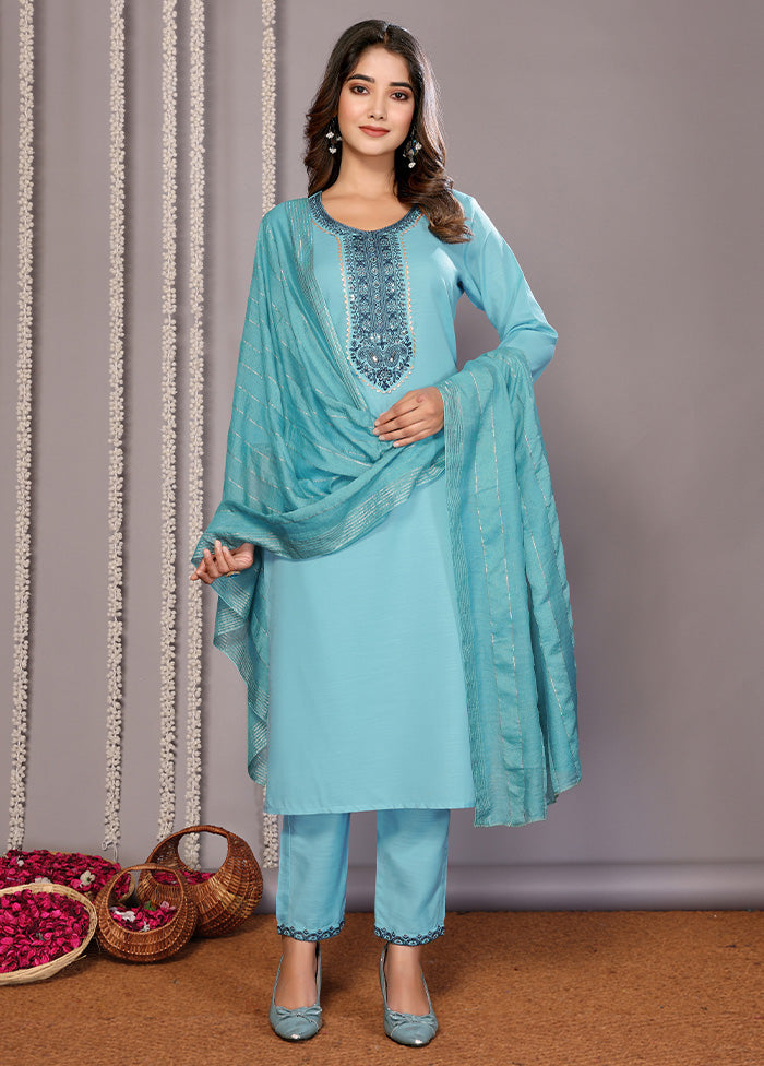 3 Pc Turquoise Blue Readymade Cotton Suit Set Cheapest Pice