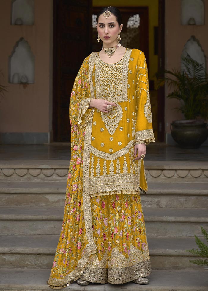 3 Pc Yellow Semi Stitched Silk Suit Set Outlet Store Cheap Online