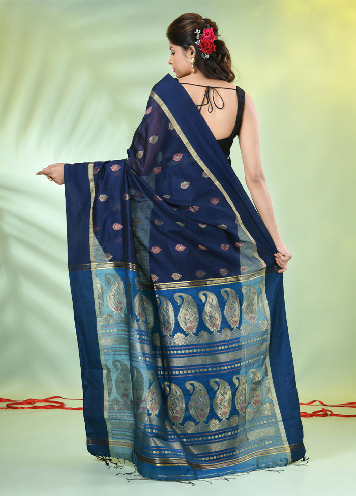 Navy Blue Pure Cotton Saree With Blouse Piece Outlet New Arrival