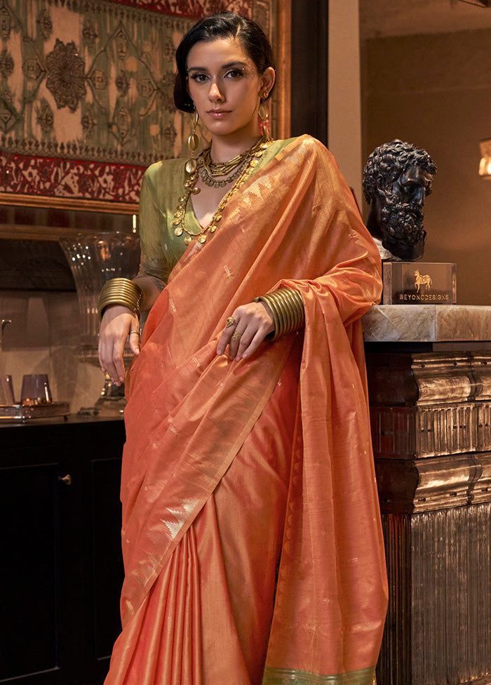 Dark Peach Tussar Silk Saree With Blouse Piece Best Wholesale