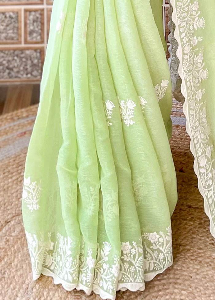 Pista Green Spun Silk Saree With Blouse Piece 100% Guaranteed