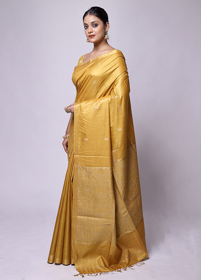 Yellow Handloom Tussar Pure Silk Saree With Blouse Piece View