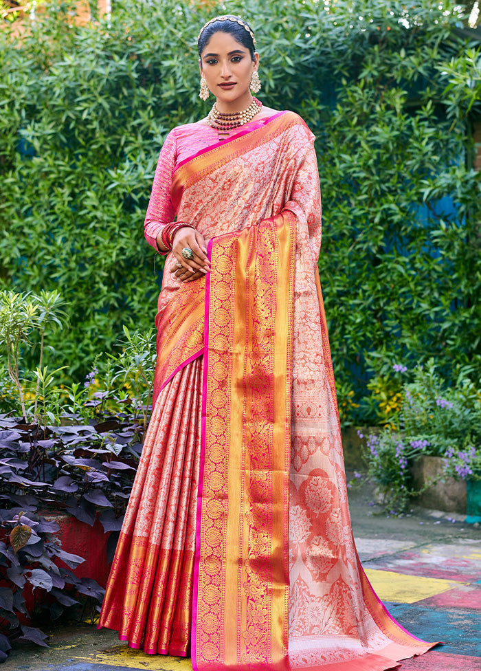 Peach Banarasi Silk Saree With Blouse Piece Sale Choice