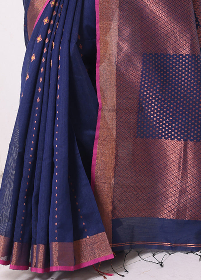 Navy Blue Pure Cotton Saree With Blouse Piece Clearance Official Site