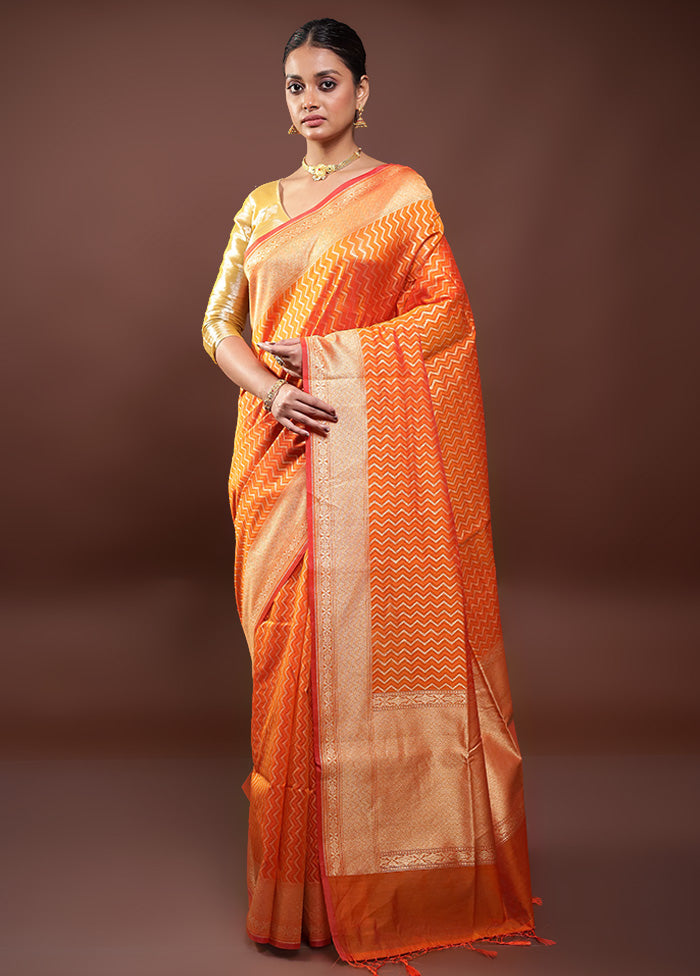 Orange Kora Silk Saree With Blouse Piece Cheap Sale Choice