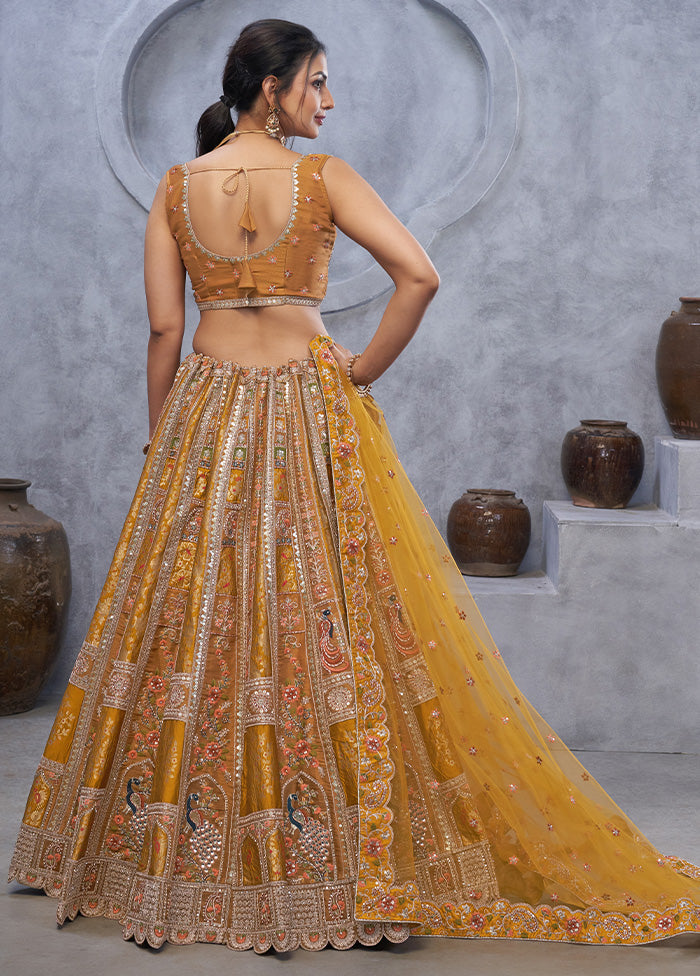 3 Pc Mustard Silk Semi Stitched Lehenga Set Cheap Best Store To Get