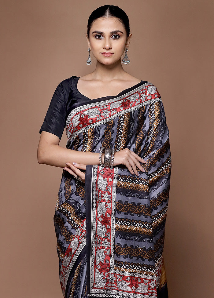 Black Printed Pure Silk Saree Without Blouse Piece Cheap Sale Exclusive