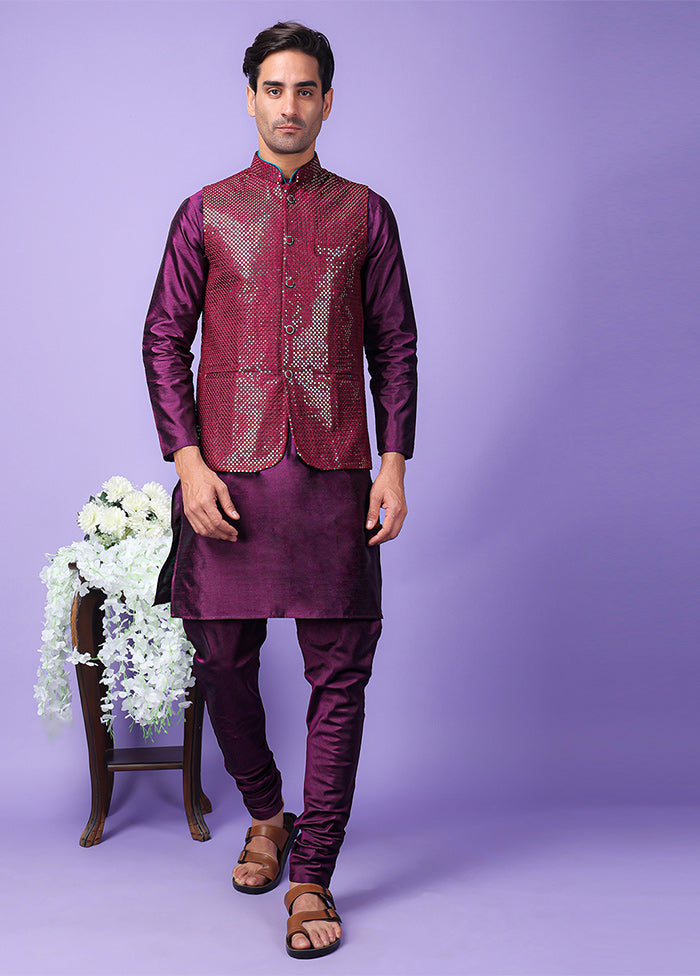 3 Pc Purple Silk Nehru Set Cheapest Pice