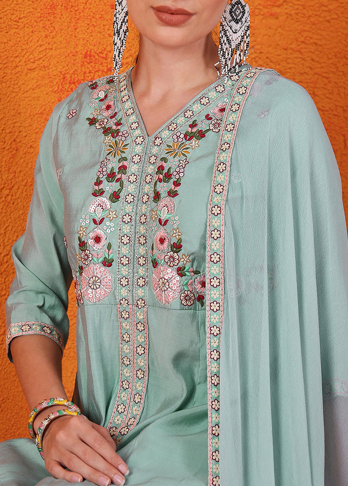 3 Pc Sky Blue Readymade Silk Suit Set Free Shipping Low Cost