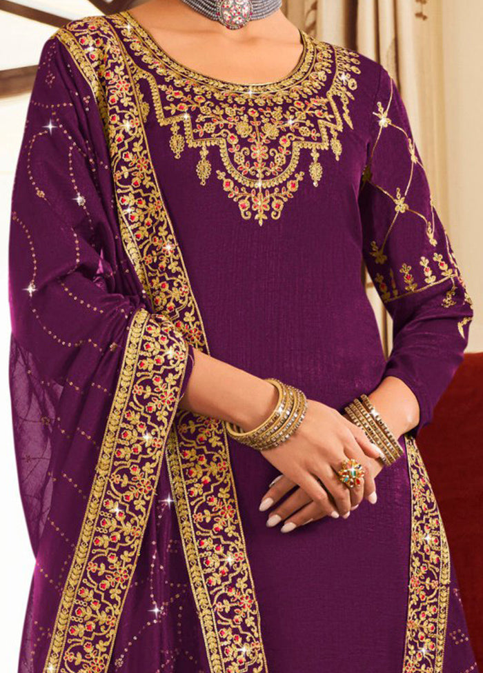 3 Pc Purple Pure Semi Stitched Silk Suit Set With Mastercard Online