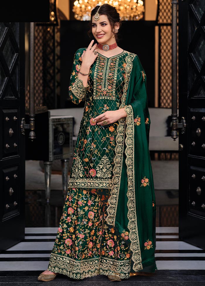 3 Pc Green Semi Stitched Silk Suit Set Discount Cost