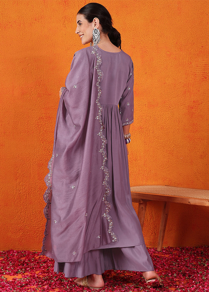 3 Pc Purple Readymade Silk Suit Set Clearance Classic