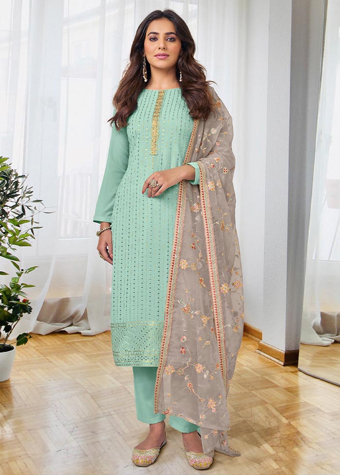 3 Pc Mint Green Semi Stitched Georgette Suit Set Original For Sale