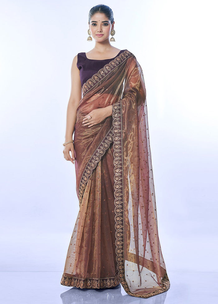 Brown Net Saree With Blouse Piece Free Shipping Geniue Stockist