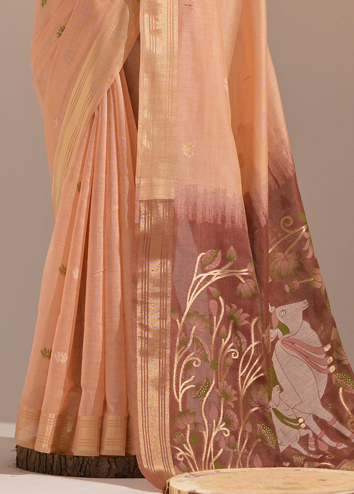 Peach Pure Cotton Saree With Blouse Piece Outlet For Sale