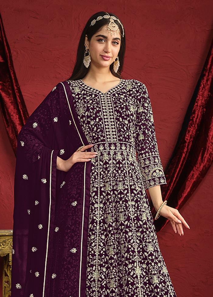 3 Pc Wine Semi Stitched Georgette Suit Set Outlet Choice