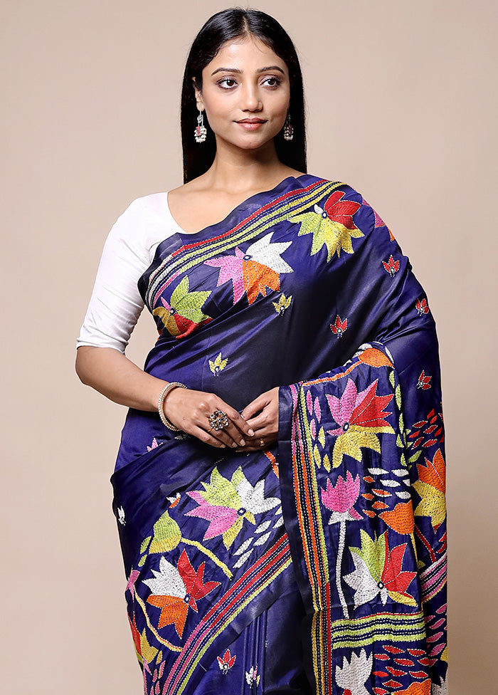 Blue Kantha Stitch Silk Saree With Blouse Piece Outlet Affordable