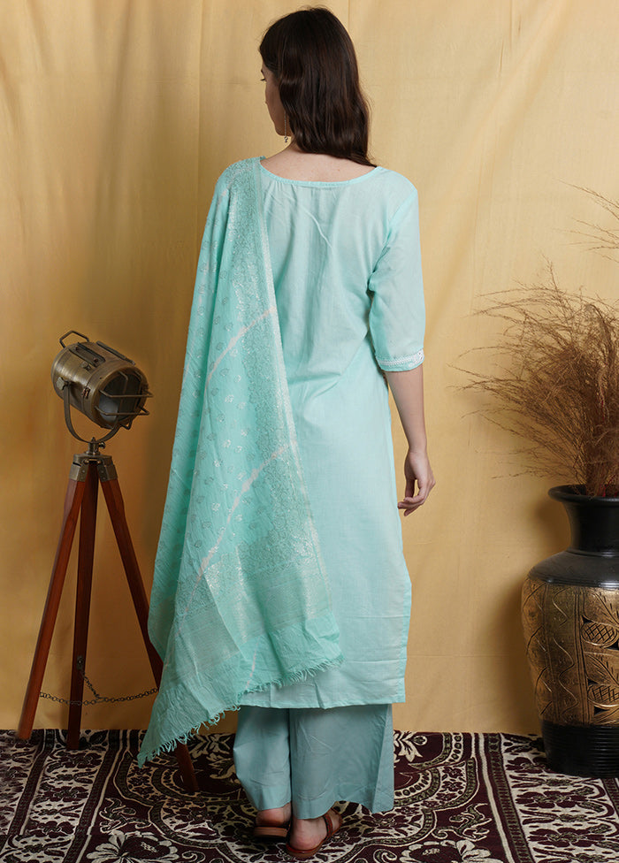 3 Pc Aqua Green Unstitched Suit Set With Dupatta With Credit Card