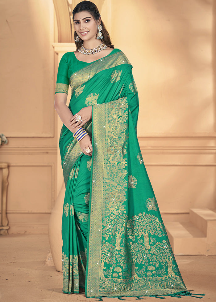 Green Spun Silk Saree With Blouse Piece 100% Original