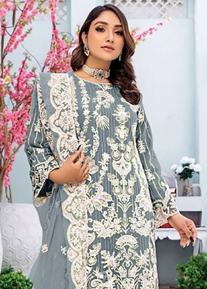 3 Pc Grey Semi Stitched Georgette Suit Set Quality Free Shipping Low Pice