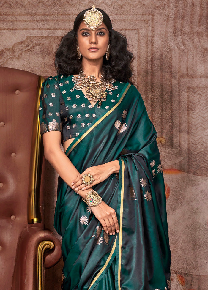 Green Satin Silk Saree With Blouse Piece For Sale Top Quality