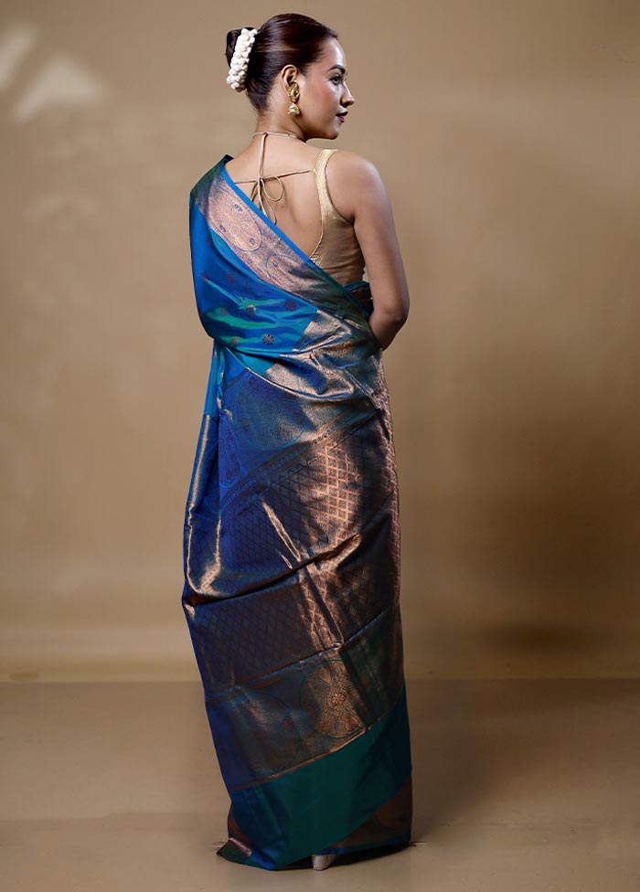 Blue Kanjivaram Silk Saree With Blouse Piece Free Shipping Online