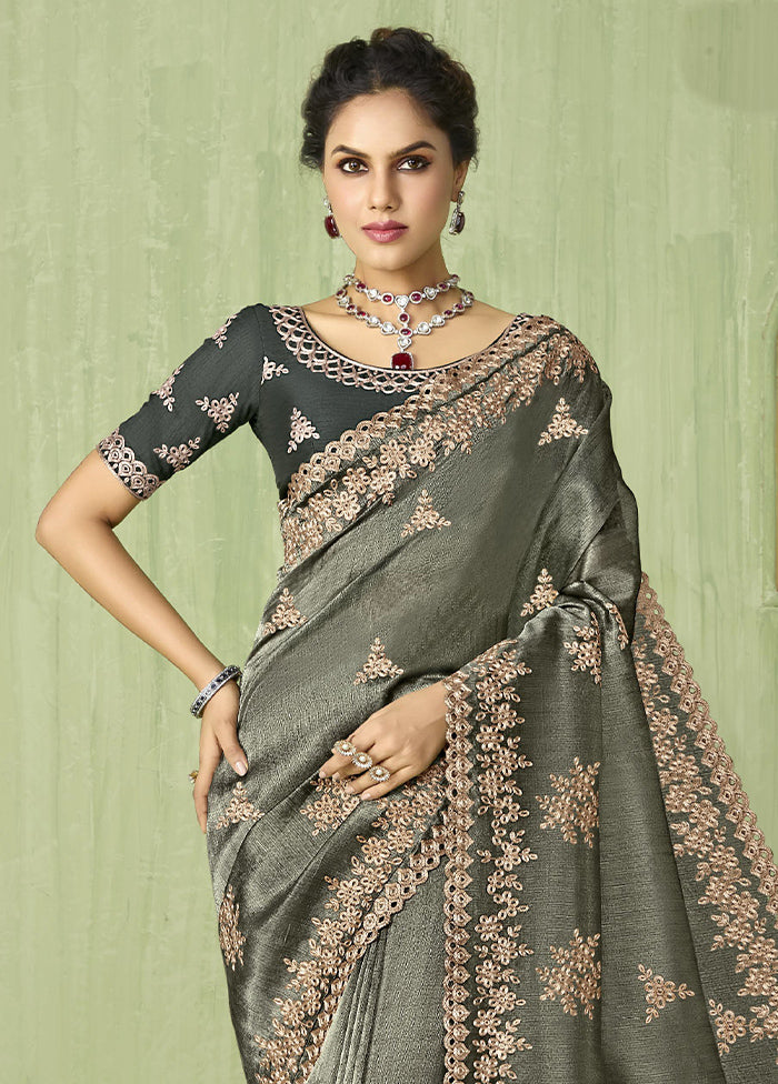 Grey Spun Silk Saree With Blouse Piece Cheap Sale Low Cost