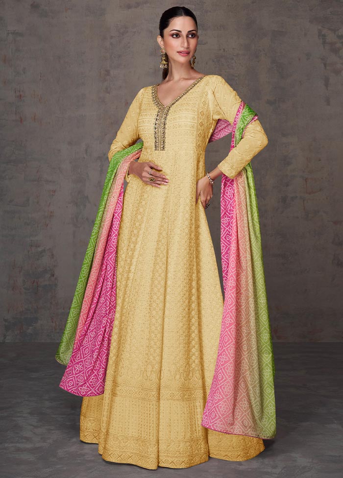 3 Pc Yellow Semi Stitched Georgette Suit Set For Nice Online