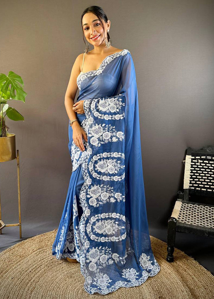 Blue Organza Saree With Blouse Piece Cheap Sale Purchase