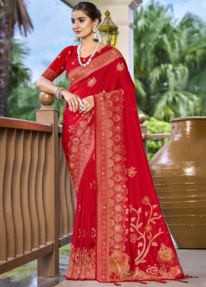 Red Dupion Silk Saree With Blouse Piece 2025 New Sale Online