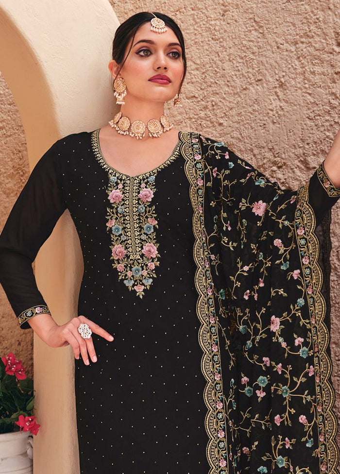 3 Pc Black Semi Stitched Georgette Suit Set Sale View